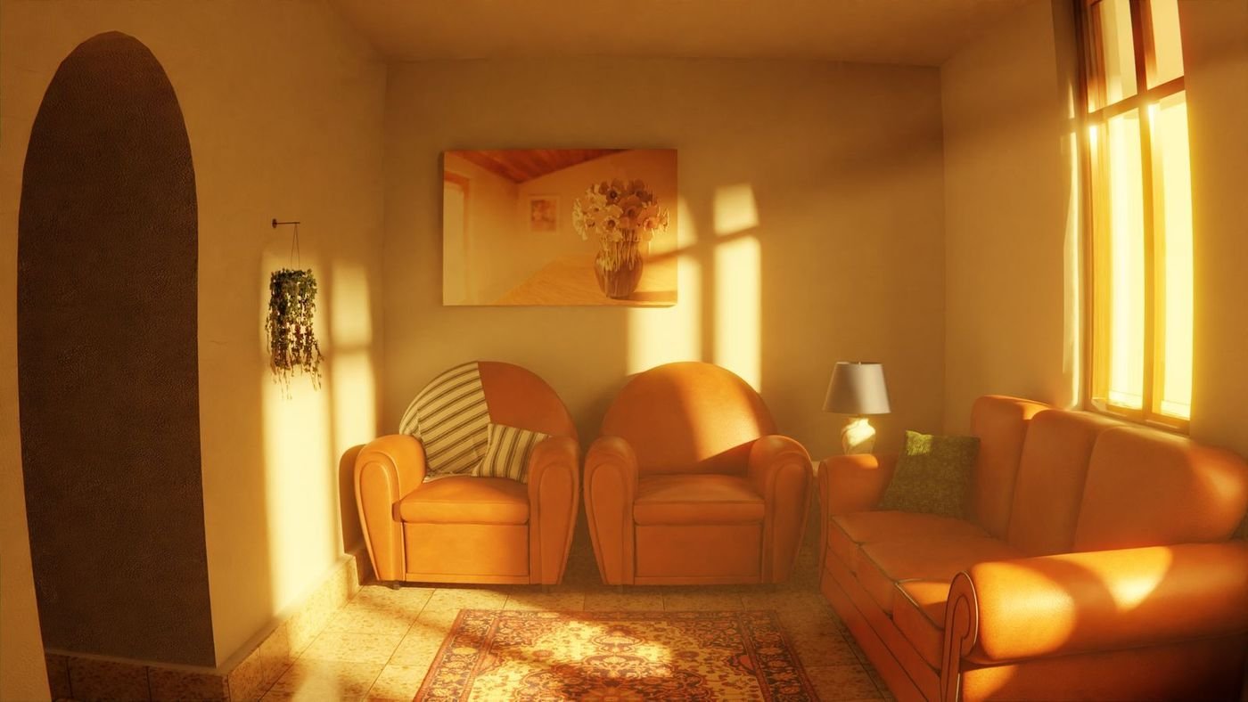 Strategy: a warm living room with arched doorways, where the lamp will live