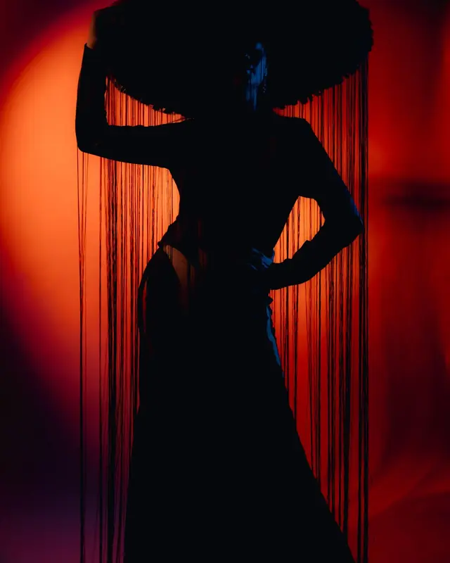 A silhouette in a wide-brimmed hat against red light